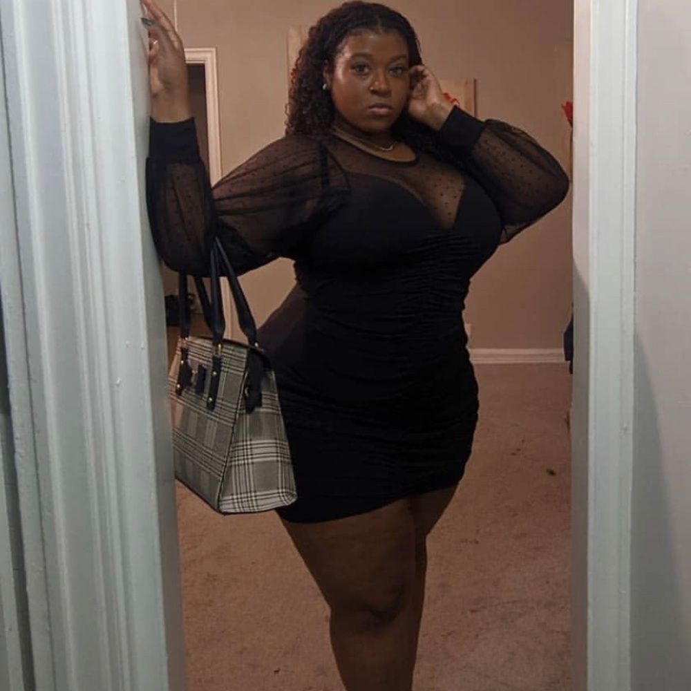 Ruched Little Black Dress w/Mesh Sleeves